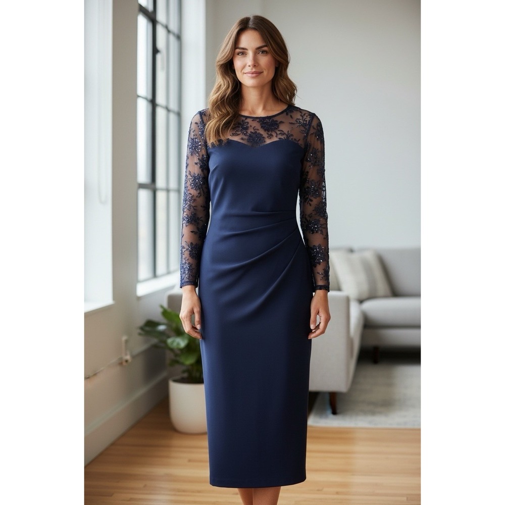 Eliza J Sequin Sleeve/ Back Ruched Side Stretch Navy Lined Gown Size 10 NWT $198